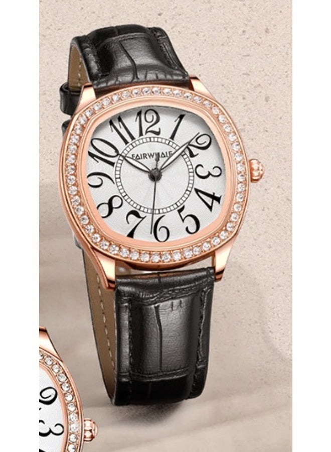 Mark Fairwhale Black Strap: Mark Fairwhale Retro Water-resistant Diamond-set Watch - White Dial, Stainless Steel Case, Black Genuine Leather Strap - Image 2